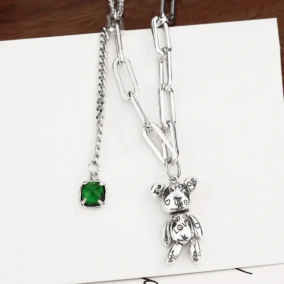 New - Anthropologie Patina Silver Cute Bear Love Peace Heart Necklace - Picture 10 of 15